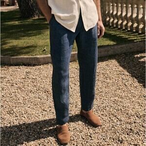 NWT Octobre Agnel Mottled Blue Chino Linen High Rise Trouser Pants, Size XL